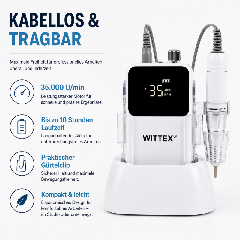 WITTEX Akku Nagelfräser 35.000 U/min – Kabellose Präzision für professionelle Maniküre, Pediküre und Nageldesign